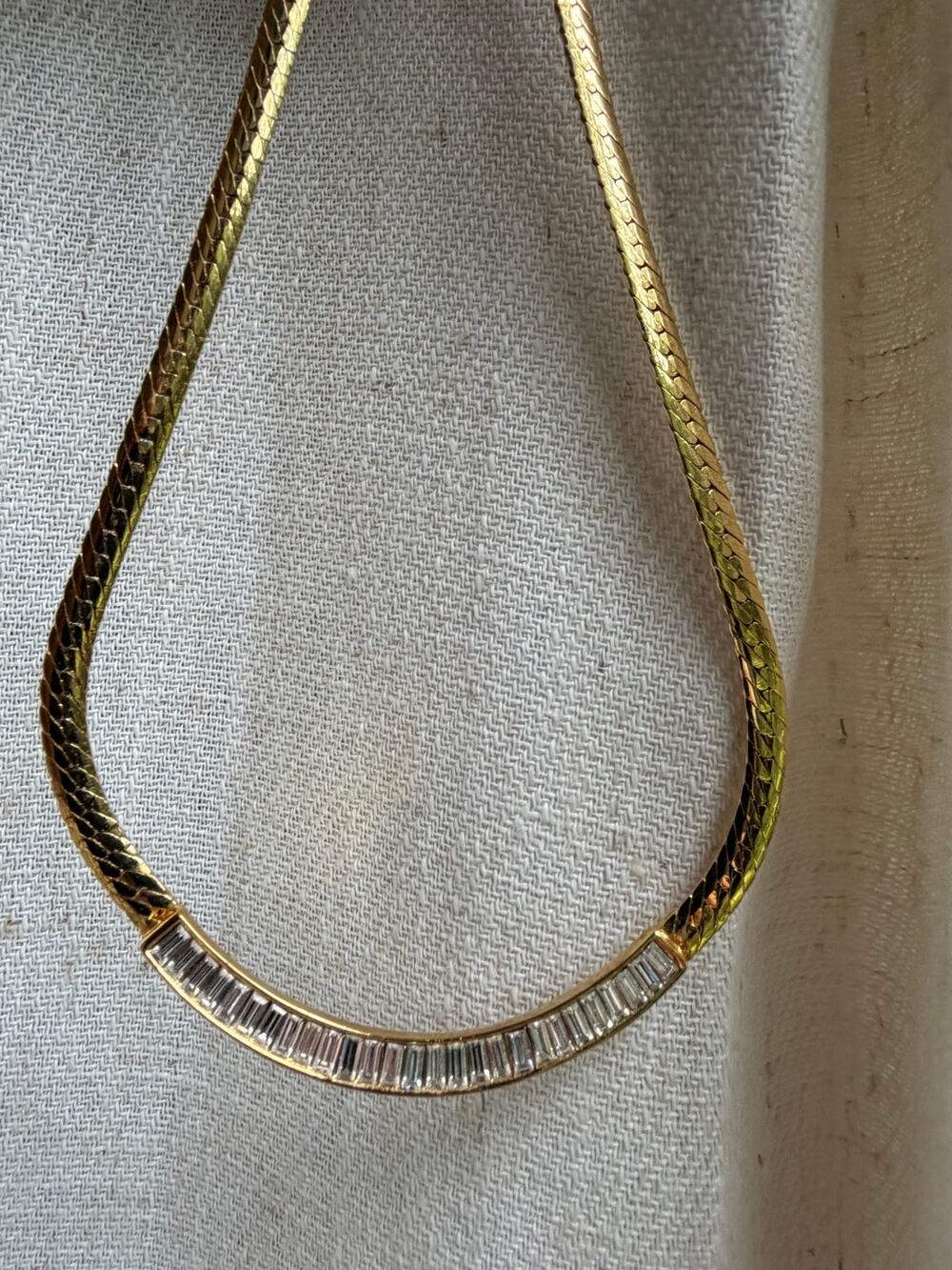 Vintage Gold Herringbone Choker Necklace Baguette Rhinestone Collar 80s